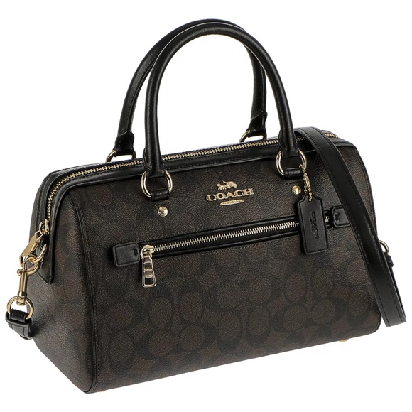 NWT Coach Women Rowan Satchel In Signature Canvas Brown Black - Picture 1 of 8
